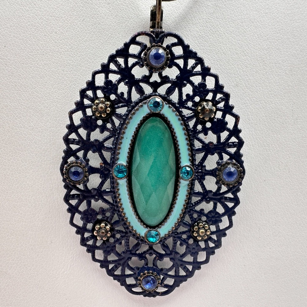 Vintage 90s Boho Filigree Pendant Necklace Green Stone Rhinestone Jewelry